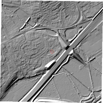 Shaded relief map of the ground around NN33EJ, computed from Environment Agency LiDAR. The ground here sits at about 56 m above sea level and falls 13 m across the surrounding 800 m. Surface water reaching this point runs off ground lying to the north-north-west, 2.2 m higher.