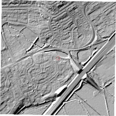 Shaded relief map of the ground around NN33EL, computed from Environment Agency LiDAR. The ground here sits at about 57 m above sea level and falls 20 m across the surrounding 800 m. Surface water reaching this point runs off ground lying to the west, 1.7 m higher.