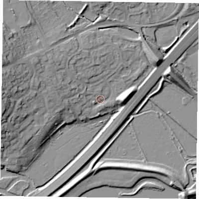 Shaded relief map of the ground around NN33HD, computed from Environment Agency LiDAR. The ground here sits at about 56 m above sea level and falls 17 m across the surrounding 800 m. Surface water reaching this point runs off ground lying to the west, 3.4 m higher.