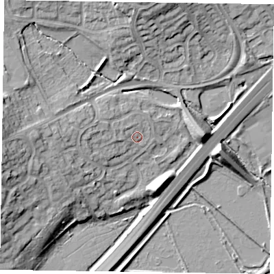 Shaded relief map of the ground around NN33HE, computed from Environment Agency LiDAR. The ground here sits at about 57 m above sea level and falls 15 m across the surrounding 800 m. Surface water reaching this point runs off ground lying to the west, 3.8 m higher.
