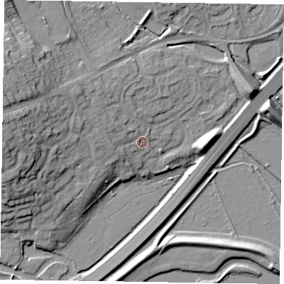 Shaded relief map of the ground around NN33HF, computed from Environment Agency LiDAR. The ground here sits at about 57 m above sea level and falls 20 m across the surrounding 800 m. Surface water reaching this point runs off ground lying to the west-north-west, 3.8 m higher.
