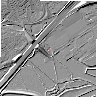 Shaded relief map of the ground around NN33HJ, computed from Environment Agency LiDAR. The ground here sits at about 54 m above sea level and falls 12 m across the surrounding 800 m. Surface water reaching this point runs off ground lying to the west-north-west, 9.5 m higher.