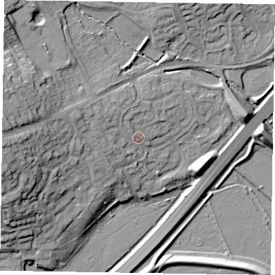 Shaded relief map of the ground around NN33HL, computed from Environment Agency LiDAR. The ground here sits at about 59 m above sea level and falls 20 m across the surrounding 800 m. Surface water reaching this point runs off ground lying to the west-north-west, 5.8 m higher.