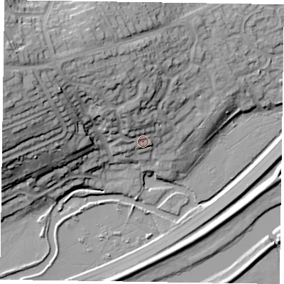 Shaded relief map of the ground around NN33QE, computed from Environment Agency LiDAR. The ground here sits at about 61 m above sea level and falls 31 m across the surrounding 800 m. Surface water reaching this point runs off ground lying to the north-north-west, 7.9 m higher.