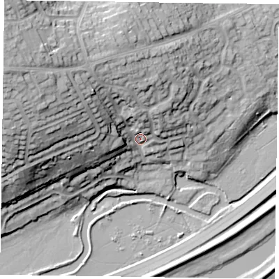 Shaded relief map of the ground around NN33QG, computed from Environment Agency LiDAR. The ground here sits at about 61 m above sea level and falls 34 m across the surrounding 800 m. Surface water reaching this point runs off ground lying to the west-north-west, 26.2 m higher.