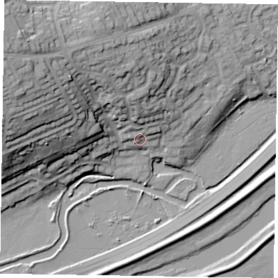 Shaded relief map of the ground around NN33QH, computed from Environment Agency LiDAR. The ground here sits at about 60 m above sea level and falls 32 m across the surrounding 800 m. Surface water reaching this point runs off ground lying to the north, 10.2 m higher.