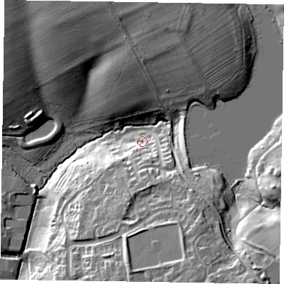 Shaded relief map of the ground around NN35DR, computed from Environment Agency LiDAR. The ground here sits at about 80 m above sea level and falls 31 m across the surrounding 800 m. Surface water reaching this point runs off ground lying to the south, 10.1 m higher.