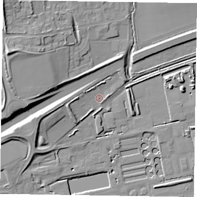 Shaded relief map of the ground around NN35HQ, computed from Environment Agency LiDAR. The ground here sits at about 56 m above sea level and falls 24 m across the surrounding 800 m. Surface water reaching this point runs off ground lying to the west-south-west, 7.6 m higher.