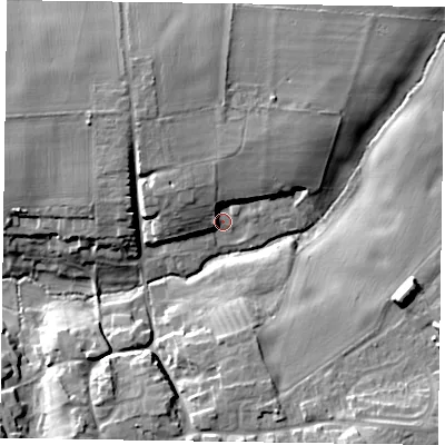 Shaded relief map of the ground around NN37TG, computed from Environment Agency LiDAR. The ground here sits at about 97 m above sea level and falls 18 m across the surrounding 800 m. Surface water reaching this point runs off ground lying to the north-west, 8.2 m higher.