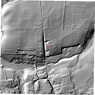 Shaded relief map of the ground around NN37UF, computed from Environment Agency LiDAR. The ground here sits at about 104 m above sea level and falls 18 m across the surrounding 800 m. Surface water reaching this point runs off ground lying to the north-west, 5.7 m higher.