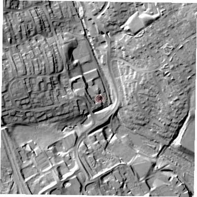 Shaded relief map of the ground around NN38EZ, computed from Environment Agency LiDAR. The ground here sits at about 66 m above sea level and falls 31 m across the surrounding 800 m. Surface water reaching this point runs off ground lying to the west, 7.5 m higher.