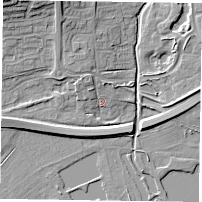 Shaded relief map of the ground around NN39AF, computed from Environment Agency LiDAR. The ground here sits at about 55 m above sea level and falls 18 m across the surrounding 800 m. Surface water reaching this point runs off ground lying to the north-north-west, 5.4 m higher.