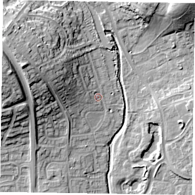 Shaded relief map of the ground around NN39AL, computed from Environment Agency LiDAR. The ground here sits at about 57 m above sea level and falls 28 m across the surrounding 800 m. Surface water reaching this point runs off ground lying to the west-north-west, 17.1 m higher.