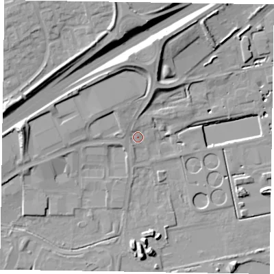 Shaded relief map of the ground around NN39BX, computed from Environment Agency LiDAR. The ground here sits at about 53 m above sea level and falls 18 m across the surrounding 800 m. Surface water reaching this point runs off ground lying to the north-north-west, 8.1 m higher.