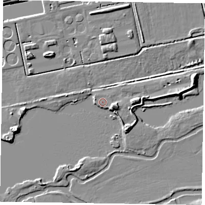 Shaded relief map of the ground around NN39BZ, computed from Environment Agency LiDAR. The ground here sits at about 52 m above sea level and falls 8 m across the surrounding 800 m. Surface water reaching this point runs off ground lying to the west-north-west, 1.0 m higher.