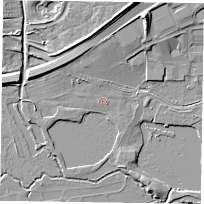 Shaded relief map of the ground around NN39DA, computed from Environment Agency LiDAR. The ground here sits at about 52 m above sea level and falls 13 m across the surrounding 800 m. Surface water reaching this point runs off ground lying to the north-north-west, 1.2 m higher.