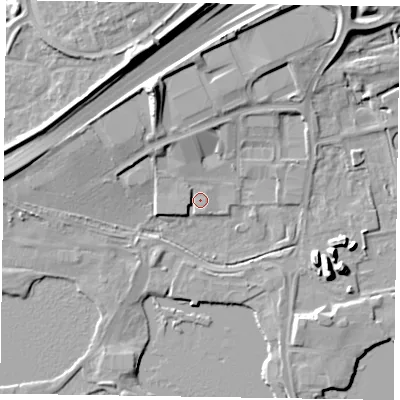 Shaded relief map of the ground around NN39ER, computed from Environment Agency LiDAR. The ground here sits at about 52 m above sea level and falls 13 m across the surrounding 800 m. Surface water reaching this point runs off ground lying to the south-west, 2.1 m higher.