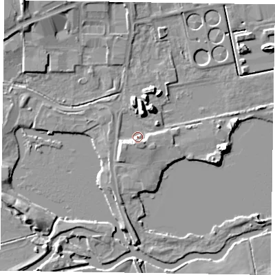 Shaded relief map of the ground around NN39EX, computed from Environment Agency LiDAR. The ground here sits at about 53 m above sea level and falls 9 m across the surrounding 800 m. Surface water reaching this point runs off ground lying to the south-west, 3.3 m higher.