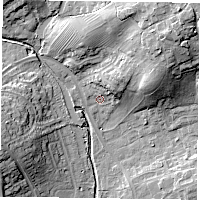 Shaded relief map of the ground around NN39GA, computed from Environment Agency LiDAR. The ground here sits at about 59 m above sea level and falls 33 m across the surrounding 800 m. Surface water reaching this point runs off ground lying to the north-east, 9.3 m higher.