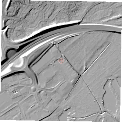 Shaded relief map of the ground around NN39HG, computed from Environment Agency LiDAR. The ground here sits at about 54 m above sea level and falls 24 m across the surrounding 800 m. Surface water reaching this point runs off ground lying to the west-north-west, 6.2 m higher.