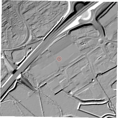 Shaded relief map of the ground around NN39HU, computed from Environment Agency LiDAR. The ground here sits at about 55 m above sea level and falls 17 m across the surrounding 800 m. The ground contributing surface water to this point lies to the south.