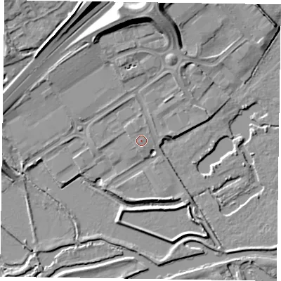 Shaded relief map of the ground around NN39HW, computed from Environment Agency LiDAR. The ground here sits at about 55 m above sea level and falls 12 m across the surrounding 800 m. The ground contributing surface water to this point lies to the west-north-west.