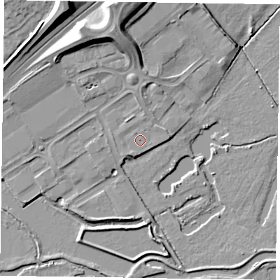 Shaded relief map of the ground around NN39HX, computed from Environment Agency LiDAR. The ground here sits at about 54 m above sea level and falls 14 m across the surrounding 800 m. Surface water reaching this point runs off ground lying to the south-south-west, 0.8 m higher.
