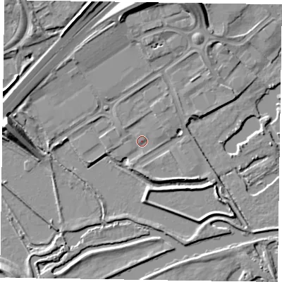 Shaded relief map of the ground around NN39HZ, computed from Environment Agency LiDAR. The ground here sits at about 54 m above sea level and falls 11 m across the surrounding 800 m. Surface water reaching this point runs off ground lying to the north-north-east, 1.5 m higher.