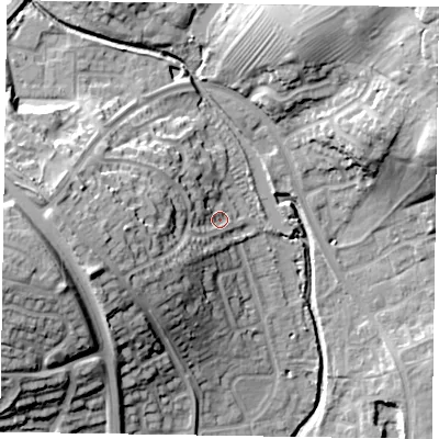 Shaded relief map of the ground around NN39TG, computed from Environment Agency LiDAR. The ground here sits at about 60 m above sea level and falls 29 m across the surrounding 800 m. Surface water reaching this point runs off ground lying to the west, 18.6 m higher.
