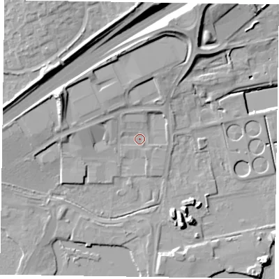 Shaded relief map of the ground around NN39UE, computed from Environment Agency LiDAR. The ground here sits at about 52 m above sea level and falls 16 m across the surrounding 800 m. Surface water reaching this point runs off ground lying to the west-north-west, 10.3 m higher.
