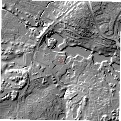 Shaded relief map of the ground around NN40EB, computed from Environment Agency LiDAR. The ground here sits at about 71 m above sea level and falls 19 m across the surrounding 800 m. The ground contributing surface water to this point lies to the west-north-west.