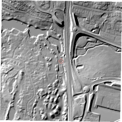 Shaded relief map of the ground around NN40NP, computed from Environment Agency LiDAR. The ground here sits at about 72 m above sea level and falls 16 m across the surrounding 800 m. Surface water reaching this point runs off ground lying to the south-south-west, 13.3 m higher.