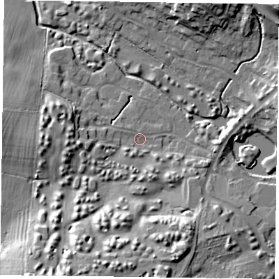 Shaded relief map of the ground around NN40PA, computed from Environment Agency LiDAR. The ground here sits at about 70 m above sea level and falls 20 m across the surrounding 800 m. Surface water reaching this point runs off ground lying to the west, 5.9 m higher.