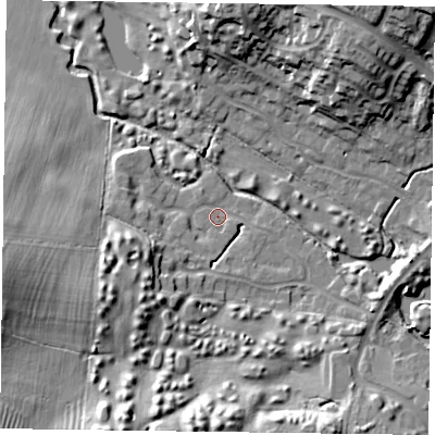 Shaded relief map of the ground around NN40PB, computed from Environment Agency LiDAR. The ground here sits at about 70 m above sea level and falls 22 m across the surrounding 800 m. Surface water reaching this point runs off ground lying to the south-west, 9.1 m higher.