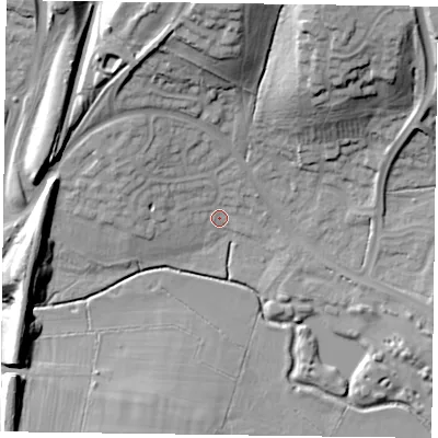 Shaded relief map of the ground around NN40QL, computed from Environment Agency LiDAR. The ground here sits at about 68 m above sea level and falls 31 m across the surrounding 800 m. Surface water reaching this point runs off ground lying to the north, 26.7 m higher.
