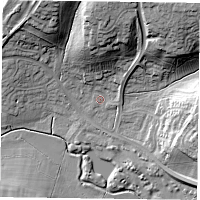 Shaded relief map of the ground around NN40QN, computed from Environment Agency LiDAR. The ground here sits at about 71 m above sea level and falls 32 m across the surrounding 800 m. Surface water reaching this point runs off ground lying to the north, 25.5 m higher.