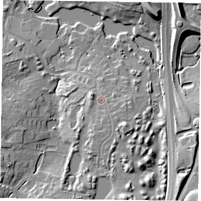 Shaded relief map of the ground around NN40XN, computed from Environment Agency LiDAR. The ground here sits at about 78 m above sea level and falls 18 m across the surrounding 800 m. Surface water reaching this point runs off ground lying to the south, 3.7 m higher.