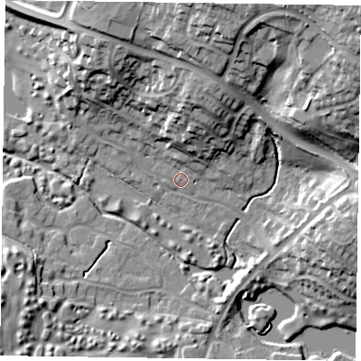 Shaded relief map of the ground around NN40XP, computed from Environment Agency LiDAR. The ground here sits at about 71 m above sea level and falls 30 m across the surrounding 800 m. Surface water reaching this point runs off ground lying to the north-north-east, 6.4 m higher.