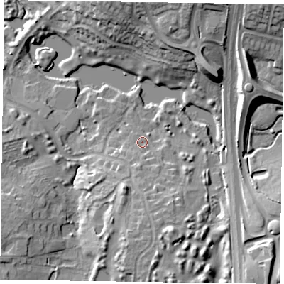 Shaded relief map of the ground around NN40YS, computed from Environment Agency LiDAR. The ground here sits at about 73 m above sea level and falls 16 m across the surrounding 800 m. Surface water reaching this point runs off ground lying to the north-north-east, 15.3 m higher.