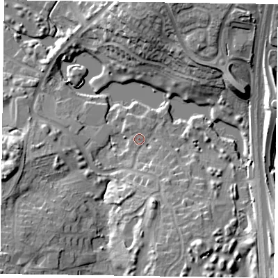 Shaded relief map of the ground around NN40YT, computed from Environment Agency LiDAR. The ground here sits at about 72 m above sea level and falls 18 m across the surrounding 800 m. Surface water reaching this point runs off ground lying to the north-east, 16.9 m higher.