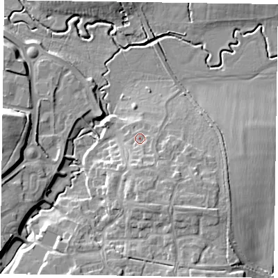 Shaded relief map of the ground around NN45AF, computed from Environment Agency LiDAR. The ground here sits at about 77 m above sea level and falls 14 m across the surrounding 800 m. Surface water reaching this point runs off ground lying to the south, 5.3 m higher.