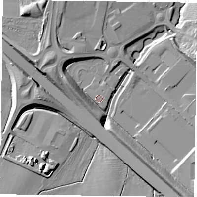 Shaded relief map of the ground around NN45EZ, computed from Environment Agency LiDAR. The ground here sits at about 80 m above sea level and falls 19 m across the surrounding 800 m. Surface water reaching this point runs off ground lying to the south-east, 17.6 m higher.