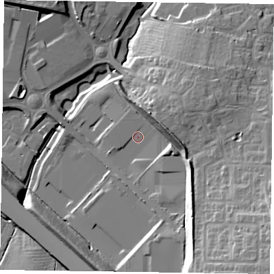 Shaded relief map of the ground around NN45FB, computed from Environment Agency LiDAR. The ground here sits at about 81 m above sea level and falls 23 m across the surrounding 800 m. Surface water reaching this point runs off ground lying to the south-east, 16.7 m higher.