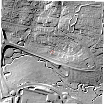 Shaded relief map of the ground around NN46HW, computed from Environment Agency LiDAR. The ground here sits at about 74 m above sea level and falls 22 m across the surrounding 800 m. Surface water reaching this point runs off ground lying to the north-east, 18.6 m higher.