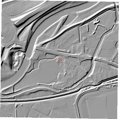 Shaded relief map of the ground around NN47AA, computed from Environment Agency LiDAR. The ground here sits at about 56 m above sea level and falls 13 m across the surrounding 800 m. Surface water reaching this point runs off ground lying to the west-north-west, 4.8 m higher.