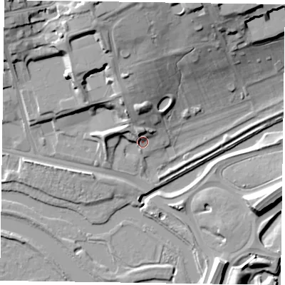 Shaded relief map of the ground around NN47AD, computed from Environment Agency LiDAR. The ground here sits at about 59 m above sea level and falls 25 m across the surrounding 800 m. Surface water reaching this point runs off ground lying to the north-west, 4.2 m higher.