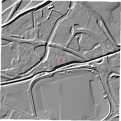 Shaded relief map of the ground around NN47BF, computed from Environment Agency LiDAR. The ground here sits at about 58 m above sea level and falls 8 m across the surrounding 800 m. The ground contributing surface water to this point lies to the south.