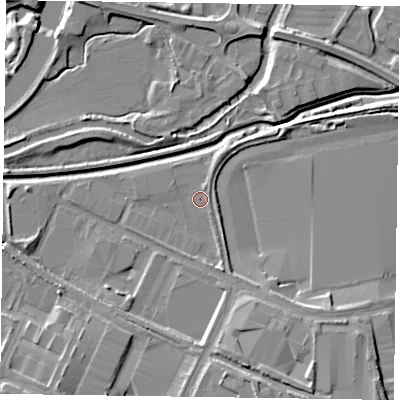 Shaded relief map of the ground around NN47DT, computed from Environment Agency LiDAR. The ground here sits at about 56 m above sea level and falls 11 m across the surrounding 800 m. Surface water reaching this point runs off ground lying to the south-south-east, 3.0 m higher.