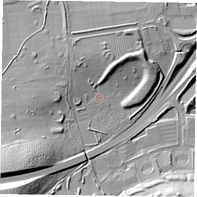 Shaded relief map of the ground around NN47DU, computed from Environment Agency LiDAR. The ground here sits at about 64 m above sea level and falls 37 m across the surrounding 800 m. Surface water reaching this point runs off ground lying to the north-north-east, 9.1 m higher.
