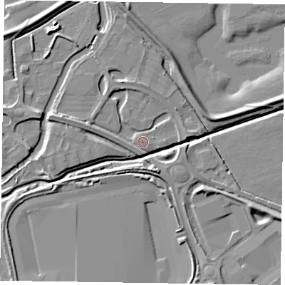 Shaded relief map of the ground around NN47HB, computed from Environment Agency LiDAR. The ground here sits at about 56 m above sea level and falls 8 m across the surrounding 800 m. Surface water reaching this point runs off ground lying to the west-north-west, 3.5 m higher.